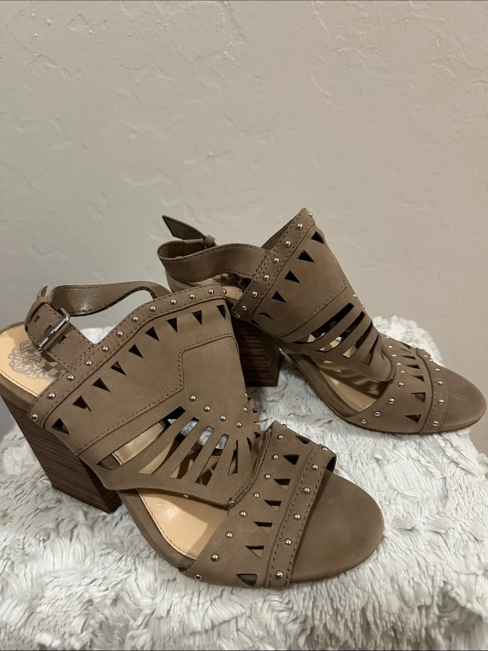 Vince Camuto Taupe Cutout Studded Slingback Heels